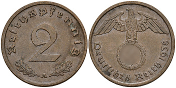 Германия 2 рейхспфеннига 1938 A KM 90, J. 362 бронза 4147-1267