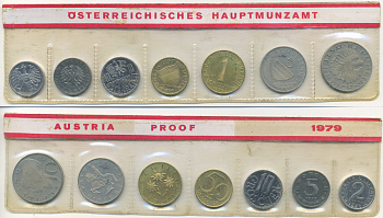Австрия набор из 7 монет  1979  2, 5, 10, 50 грошей, 1, 5, 10 шиллингов, в целлофане KM PS 39 PROOF 4400-5-2