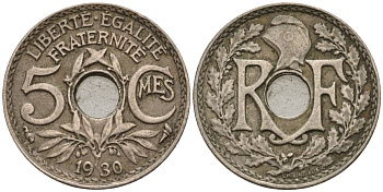 Франция 5 сантимов 1930 KM 875 медно-никель 4596-615