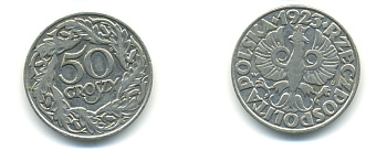 Польша 50 грошей 1923 Республика KM 13, Parchimowicz 106 никель 83-251