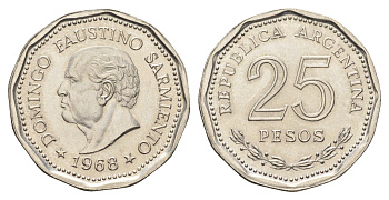 Аргентина 25 песо 1968 80 лет со дня смерти Доминго Фаустино Сармиенто KM 63 сталь плакированная никелем UNC 4662-645