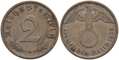 Германия 2 рейхспфеннига 1938 A KM 90, J. 362 бронза 4147-1267
