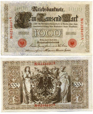 ГЕРМАНИЯ 1000 МАРОК 1910 21 АПРЕЛЯ 1910, КРАСНАЯ ПЕЧАТЬ, 7 ЦИФР В НОМЕРЕ Pick 44b бумага 6262-40-1-2