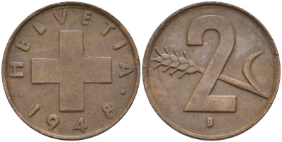 Швейцария 2 раппена 1948 В KM 47 бронза 4591-147