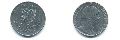 Албания 0,20 лека 1941 R, Итальянская оккупация KM 29 нержавеющая сталь 89-1552