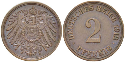Германия 2 пфеннига 1912 A KM 16, J. 11, Weege 4 медь 206-622