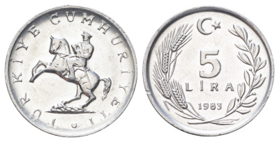 Турция 5 лир 1983 год-тип KM 949.2 алюминий UNC 4697-1221