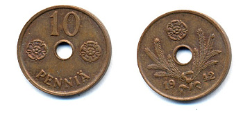 ФИНЛЯНДИЯ 10 ПЕННИ 1942 KM 33.1 медь 51-4955