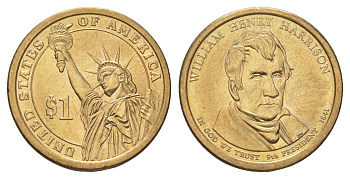 США 1 доллар 2009 P, Президент США - Уильям Генри Гаррисон (1841) KM 450 медь с марганцево-латунным покрытием UNC 4629-244