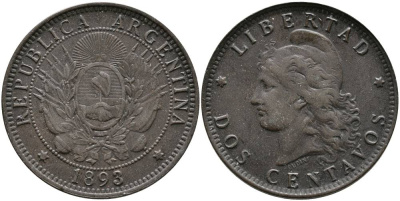 Аргентина 2 сентаво 1893 голова свободы влево KM 8 бронза 4531-1141