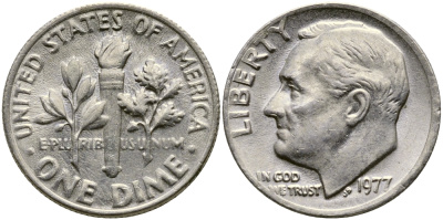 США 10 ЦЕНТОВ = 1 ДАЙМ 1977 РУЗВЕЛЬТ KM 195а медь плакированная медно-никелем 54-321