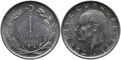 Турция 1 лира 1972 Мустафа Кемаль Ататюрк KM 889а.2 нержавеющая сталь 4364-1835