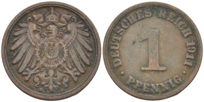 ГЕРМАНИЯ 1 ПФЕННИНГ 1911 А KM 10, J. 10 медь 201-937
