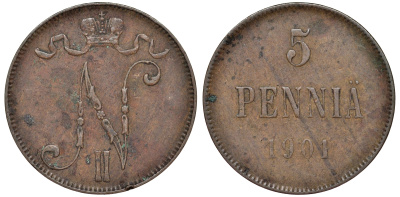 Россия для Финляндии 5 пенни 1901 Биткин 445 медь 51-1225