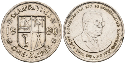 Маврикий 1 рупия 1990 Сивусагур Рамгулам KM 55 медно-никель 189-831