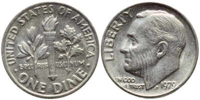 США 10 ЦЕНТОВ = 1 ДАЙМ 1979 РУЗВЕЛЬТ KM 195а медь плакированная медно-никелем 4396-442