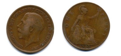 Великобритания 1 пенни 1920 Георг V (1910-1936) КМ 810, Spink 4051 бронза 47-342
