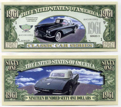 США 1961 ДОЛЛАР 2002 СУВЕНИРНАЯ БАНКНОТА, СЕРИЯ КЛАСИЧЕСКИЕ АВТОМОБИЛИ, ААС 1961 ГОДА бумага UNC (ПРЕСС) 8588-13-2-2