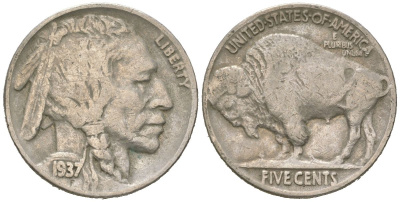США 5 центов 1937 индеец, бизон KM 134 медно-никель 4614-1269