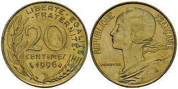 Франция 20 сантимов 1996 тип Marianne KM 930 медь алюминий никель 4135-643