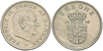 Дания 1 крона 1968 Фредерик IX (1947-1972) KM 851 медно-никель 4571-346