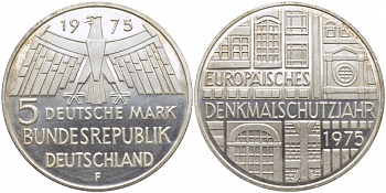 ФРГ 5 марок 1975 F, Европейский год охраны памятников J. 417, KM 142.1 серебро 109-646