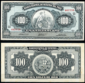 Перу 100 солей 1964 сидящая свобода, Thomas de la Rue Pick 86 a  бумага  аUNC  451-449-3