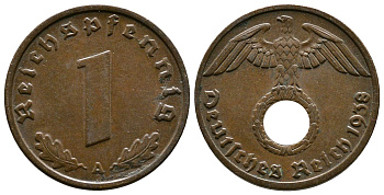 Германия 1 рейхспфенниг 1938 A KM 89, J. 361 бронза    220-315