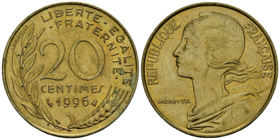 Франция 20 сантимов 1996 тип Marianne KM 930 медь алюминий никель 4135-643