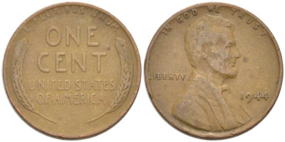 США 1 ЦЕНТ 1944 ЛИНКОЛЬН KM А132 медь цинк 3309-521