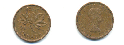 Канада 1 цент 1964 Елизавета II (1952-2022), кленовый лист KM 49 бронза 177-1329