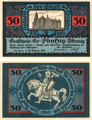 ТОРГАУ 50 ПФЕННИГОВ 1921 НОТГЕЛЬД, 10 ФЕВРАЛЯ 1921 ДЕЙСТВИТЕЛЕН НА 1 МЕСЯЦ, ЗЕМЛЯ САКСОНИЯ Grabowski 1331.3a бумага 8608-3-1-1