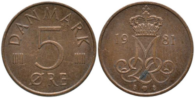 ДАНИЯ 5 ЭРЕ 1981 B; B, МАРГРЕТЕ II (1972-) KM 859.2 железо плакированное медью 116-146