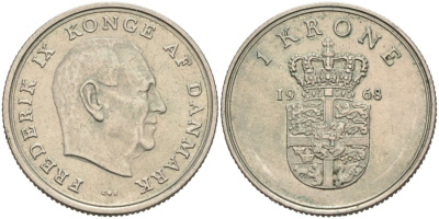 Дания 1 крона 1968 Фредерик IX (1947-1972) KM 851 медно-никель 4571-346