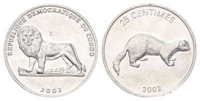 ДР Конго 25 сантимов 2002 Животные - Ласка KM 76 алюминий UNC 4618-543