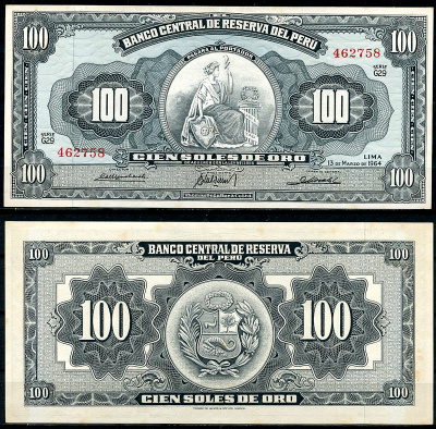 Перу 100 солей 1964 сидящая свобода, Thomas de la Rue Pick 86 a  бумага  аUNC  451-449-3