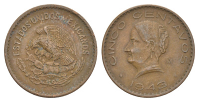 Мексика 5 сентаво 1943 KM 424 бронза 4628-833