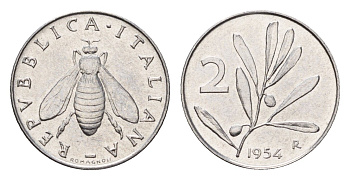Италия 2 лиры 1954 R, оливковая ветвь, пчела KM 94 алюминий UNC 4649-925