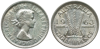 Австралия 3 пенса 1963 m, Елизавета II (1952-2022) KM 57 серебро 71-923