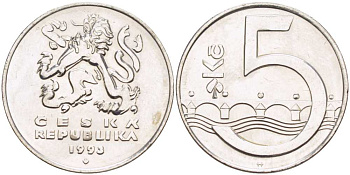 Чехия 5 крон 1993 чешский лев, Карлов мост KM 8 сталь плакированная никелем 4514-724