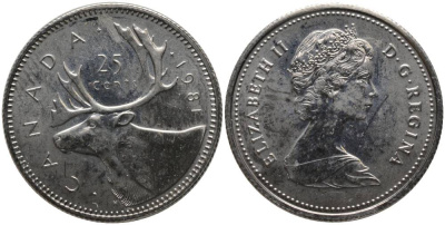Канада 25 центов 1981 Елизавета II (1952-2022), олень KM 74 никель PROOFLIKE 181-325