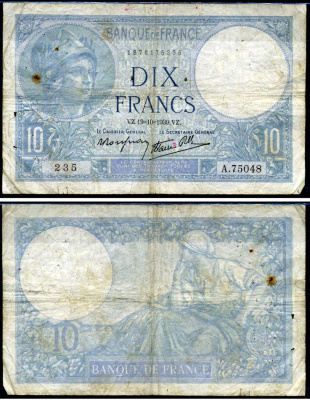 Франция 10 франков 1939 Pick 84 бумага 7457-9-2-2