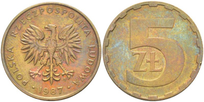 ПОЛЬША 5 ЗЛОТЫХ 1987 MW KM 81.2 латунь 89-1727