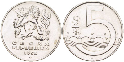 Чехия 5 крон 1993 чешский лев, Карлов мост KM 8 сталь плакированная никелем 4514-724