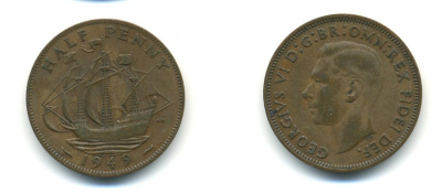 Великобритания 1/2 пенни 1949 Георг VI (1936-1952) KM 868, Spink 4118 бронза 80-1016