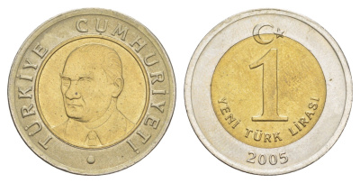 Турция 1 лира 2005 Кемаль Ататюрк KM 1169 биметалл UNC 4577-657