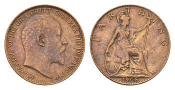 Великобритания 1 фартинг 1908 Эдуард VII (1901-1910) KM 792, Spink 3992 бронза 4623-1025
