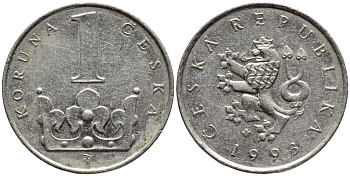ЧЕХИЯ 1 КРОНА 1993 KM 7 сталь плакированная никелем 4396-611