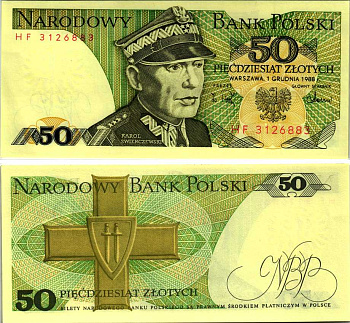 Польша 50 злотых 1988 Кароль Сверчевский, знак Грюнвальдского ордена Pick 142 c бумага аUNC 8607-70-1-2