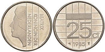 Нидерланды 25 центов 1985 Беатрикс (1980-2013) KM 204 никель UNC 4588-863